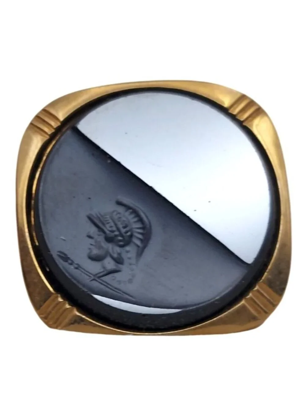 Vintage Intaglio Hematite Gold Tone Roman Soldier Cufflinks & Gift Storage Box